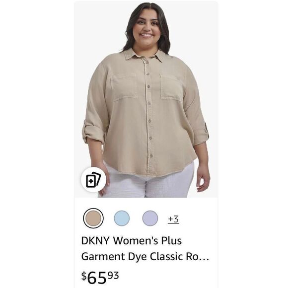 DKNY Women's Plus Garment Dye Classic Roll Tab Sleeve Button Front Shirt - Picture 5 of 5